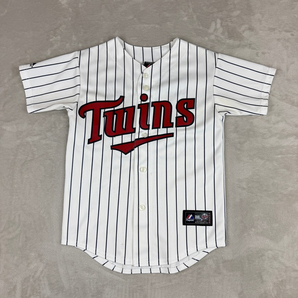 VTG Majestic Minnesota Twins Justin Morneau Jersey Kid M White Pinstripe USA MLB